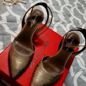 Donald J pliner low heels, platino/camel and metallic streak/kidsuede, side 8.5